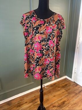 DR2 Black Blouse with Pink and Brown Floral Print